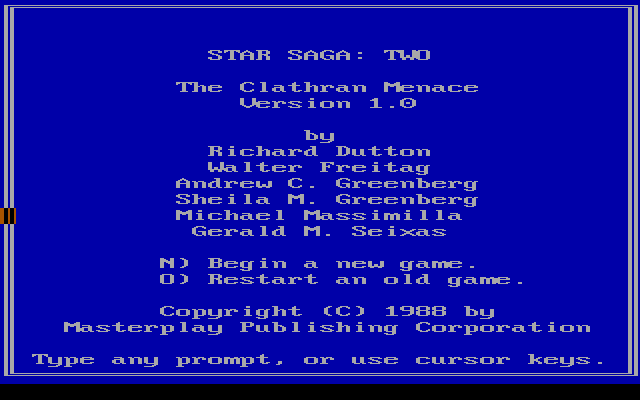 Title screen of Star Saga Two: The Clathren Menace