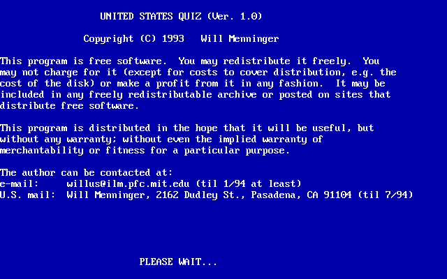 Title screen of United States Quiz