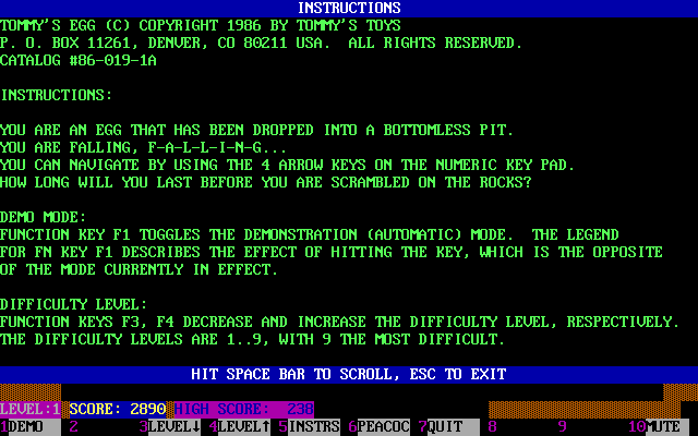 Title screen of Tommy's Egg
