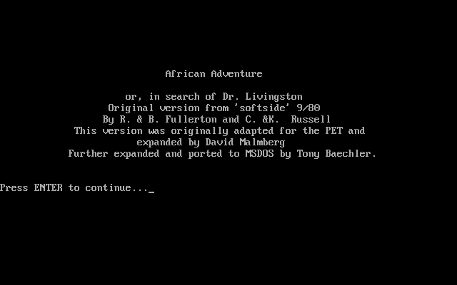 Title screen of African Adventure Or In Search of Dr. Livingston