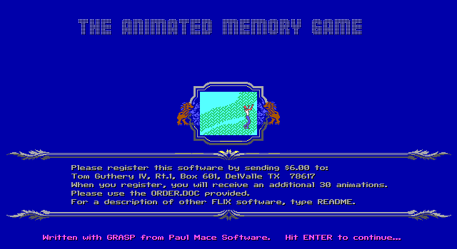 Title screen of The Animated Memory Game