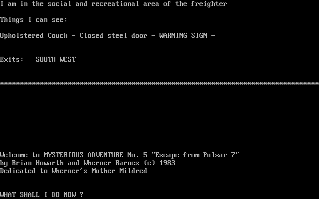 Title screen of Mysterious Adventure No. 5: Escape from Pulsar 7