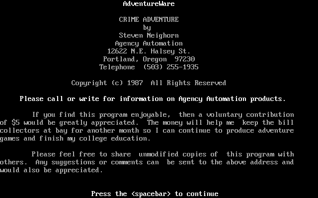Title screen of Crime Adventure