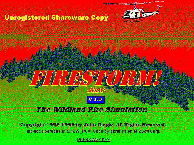 Title screen of Firestorm 2000: The Wildland Fire Simulation