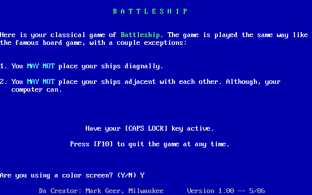 Title screen of Battleship (1986)