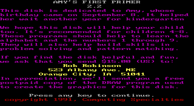 Title screen of Amy's First Primer