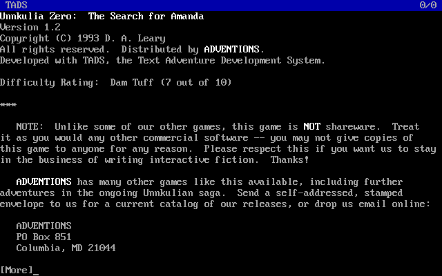 Title screen of Unnkulia Zero: The Search for Amanda