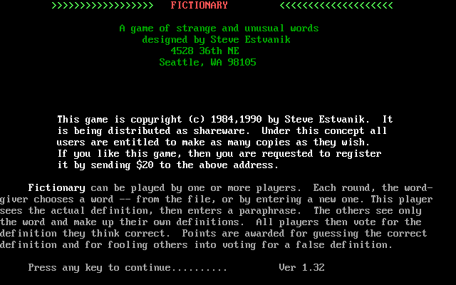 Title screen of Fictionary (1989)