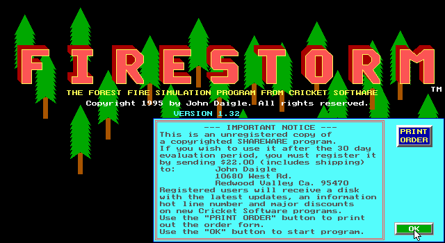 Title screen of Firestorm: The Forest Fire Simulation Program