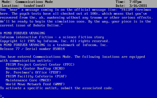 Title screen of A Mind Forever Voyaging