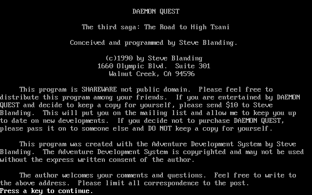 Title screen of Daemon Quest, The Third Saga: The Road to the High Tsani