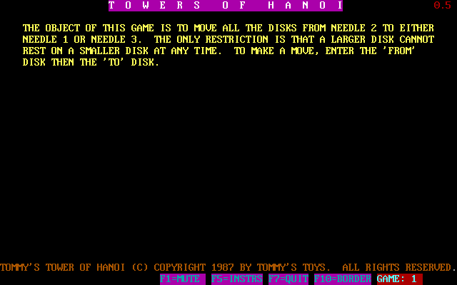 Title screen of Tommy's Hanoi