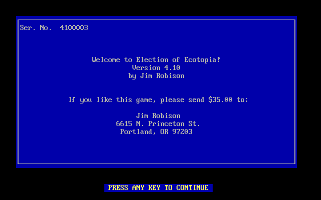 Title screen of Election of Ecotopia