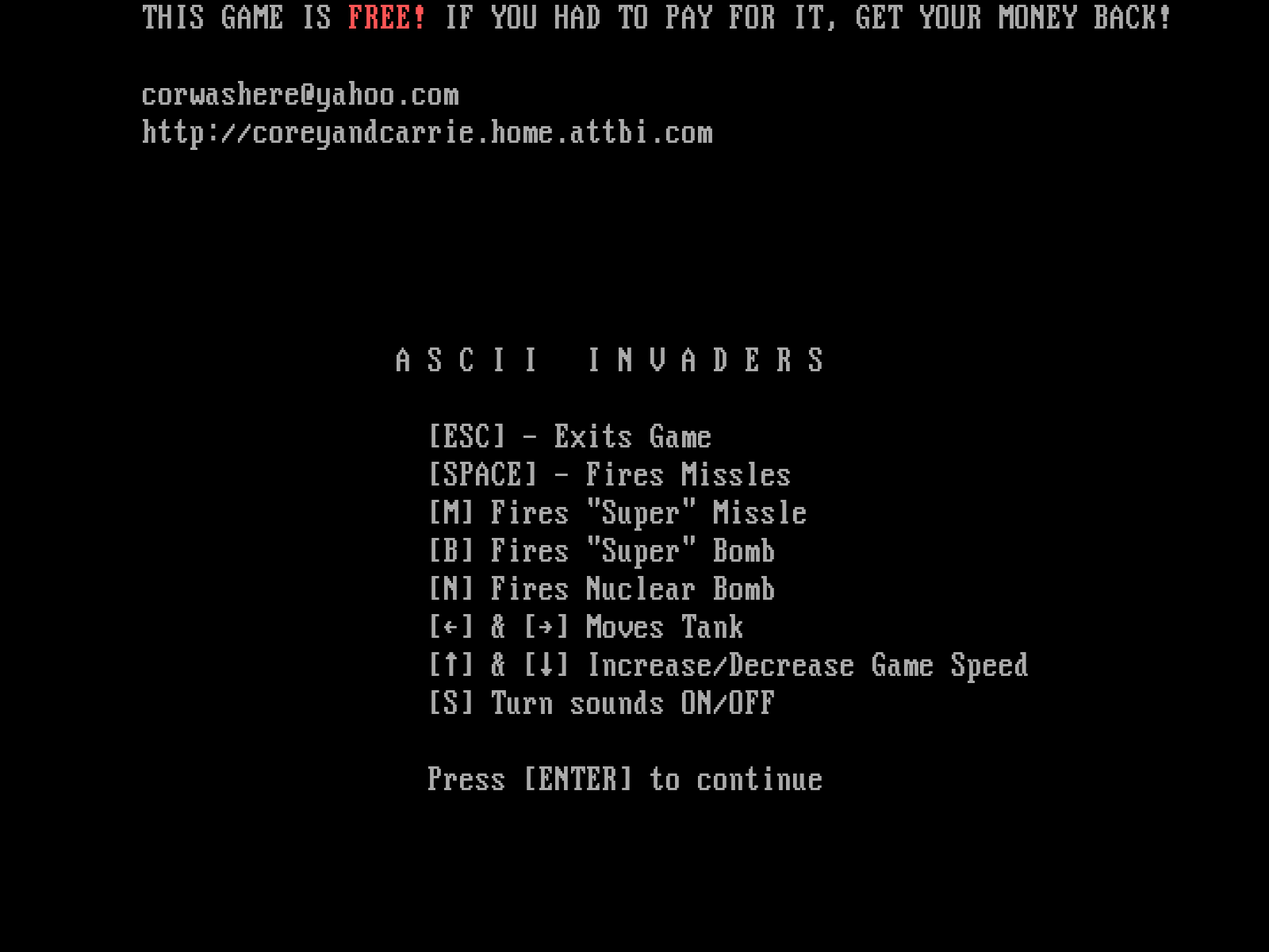 Title screen of ASCII Invaders