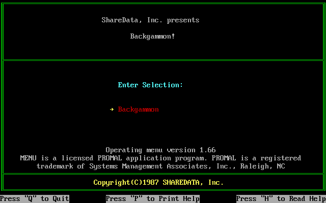 Title screen of Backgammon (1986)