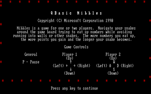 Title screen of QBasic Nibbles