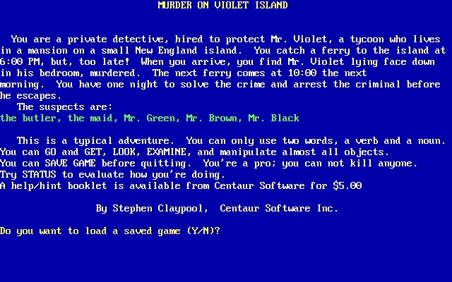 Title screen of Murder on Violet Island