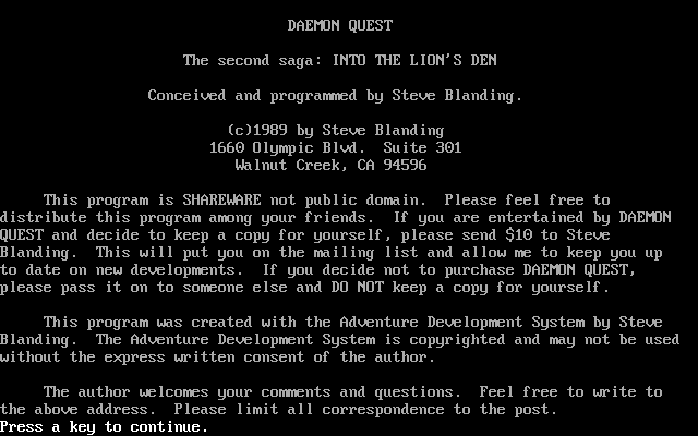 Title screen of Daemon Quest, The Second Saga: Into the Lion's Den