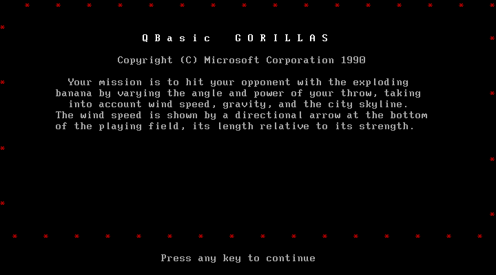 Title screen of QBasic Gorillas