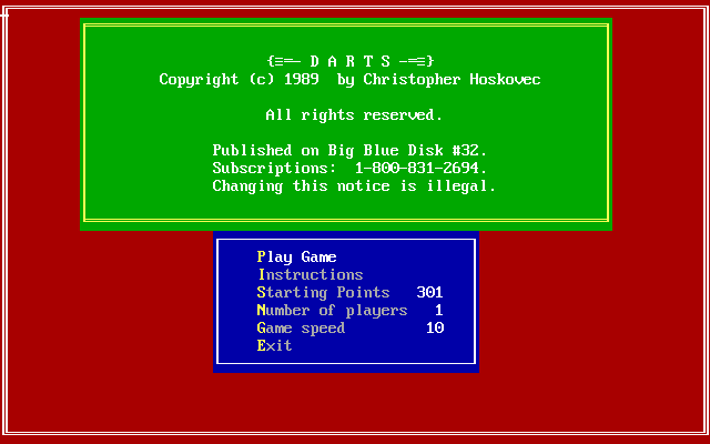 Title screen of Darts (1989)