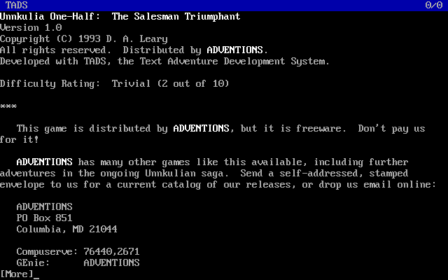 Title screen of Unnkulia One-Half: The Salesman Triumphant
