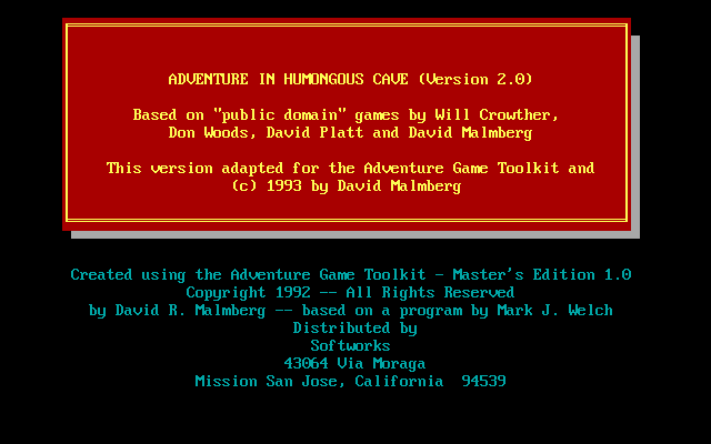 Title screen of Adventure in Humongous Cave