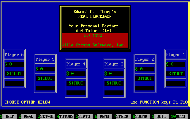 Title screen of Edward O. Thorp's Real Blackjack