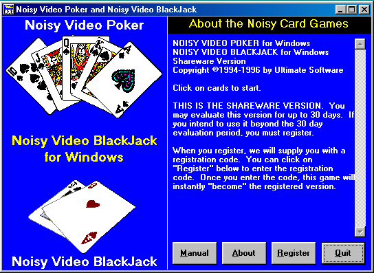 Title screen of Noisy Video Poker and Blackjack