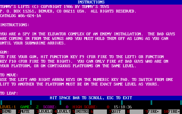 Title screen of Tommy's Lifts