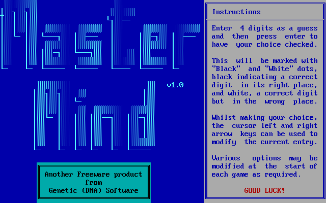 Title screen of MasterMind (1987)