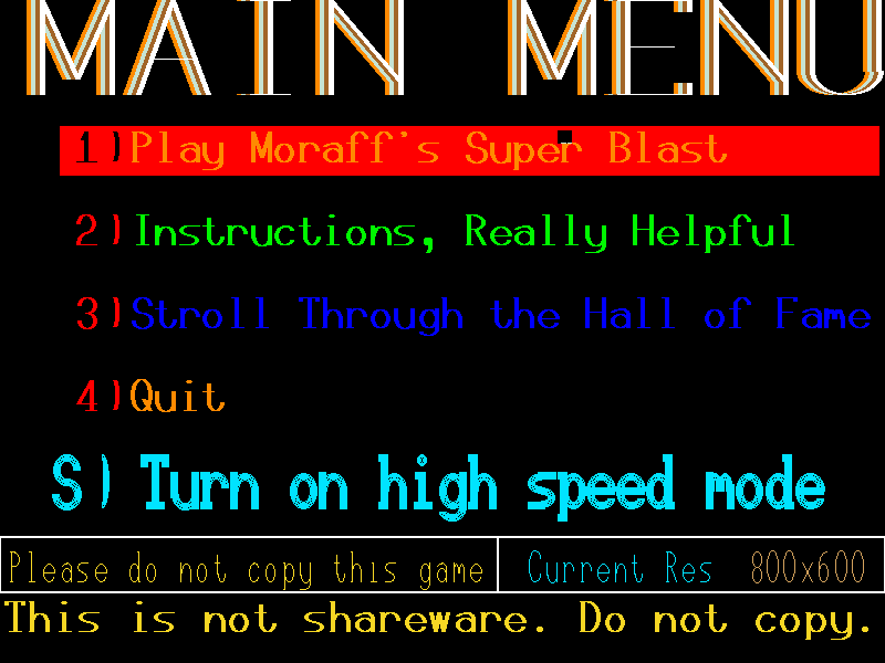 Title screen of Moraff's Super Blast