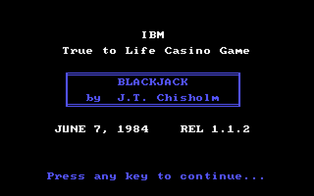 Title screen of Blackjack (IBM)(1984)