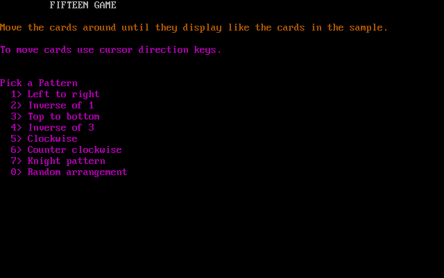 Title screen of Fifteen Game
