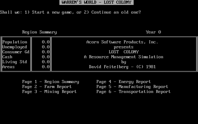 Title screen of Warren's World: Lost Colony