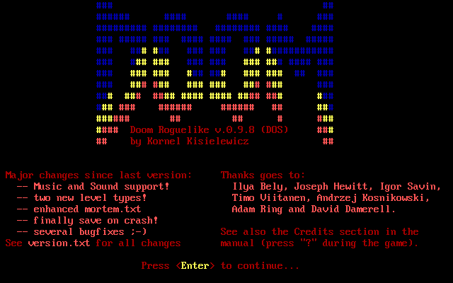 Title screen of DOOM, the Roguelike