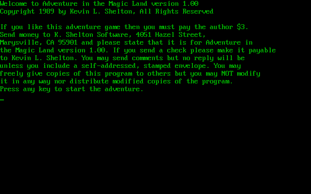 Title screen of Adventure in the Magic Land