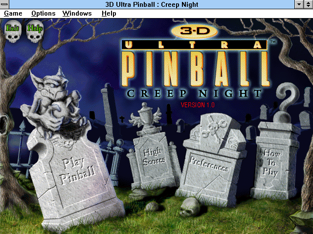 Title screen of 3-D Ultra Pinball: Creep Night