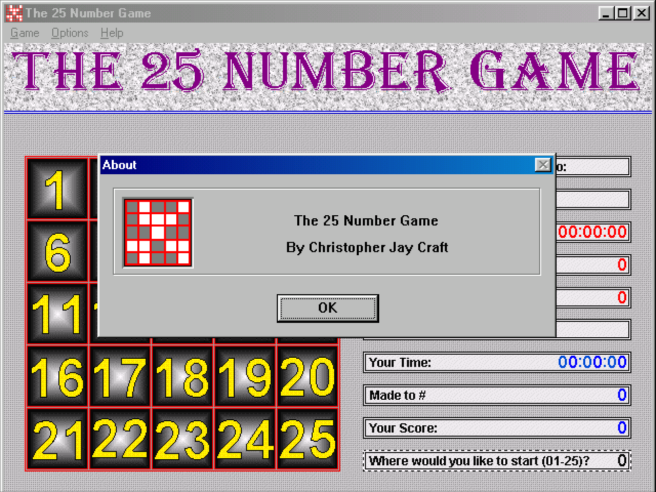 Title screen of The 25 Number Game