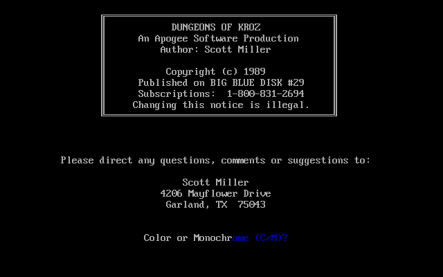 Title screen of Dungeons of Kroz