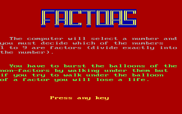 Title screen of Factors