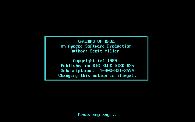 Title screen of Caverns of Kroz