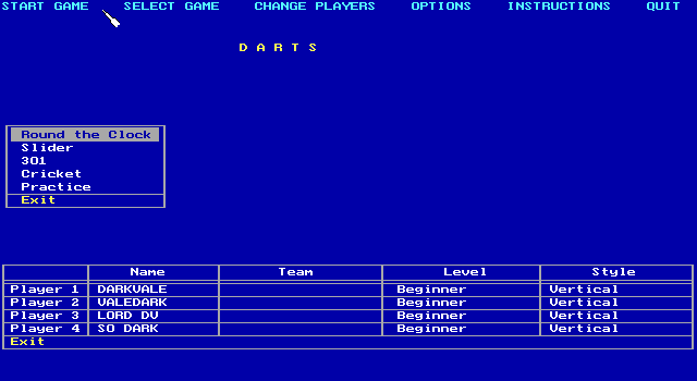 Title screen of Darts (1991)