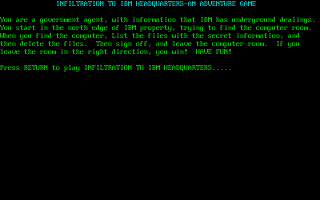 Title screen of Infiltration to IBM Headquarters