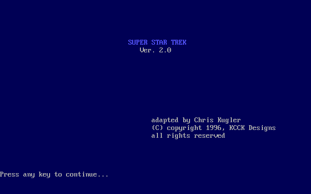 Title screen of Super Star Trek v2.0