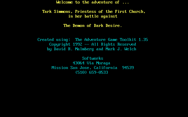 Title screen of Tark Simmons, Priestess of the First Church, in her battle against the Demon of Dark Desire