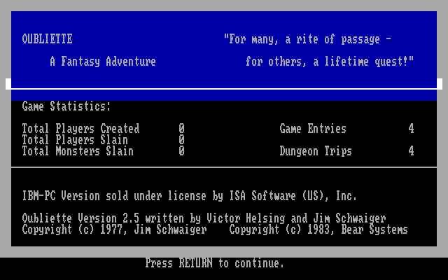 Title screen of Oubliette