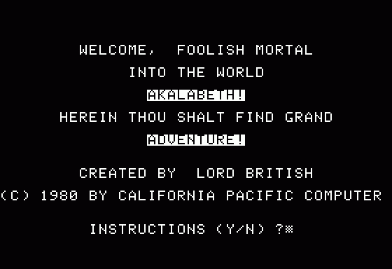 Title screen of Akalabeth: World of Doom