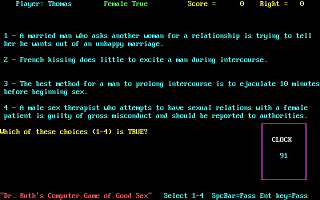 Gameplay of Dr. Ruth's Computer Game of Good Sex
