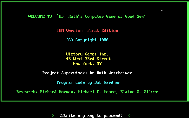 Title screen of Dr. Ruth's Computer Game of Good Sex