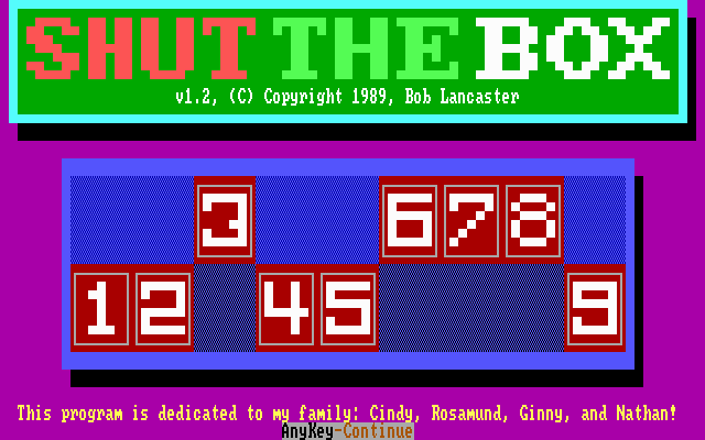 Title screen of MicroLink Shut the Box